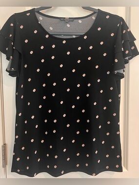 Adrianna Papell Black Blouse with Pink Polka Dots